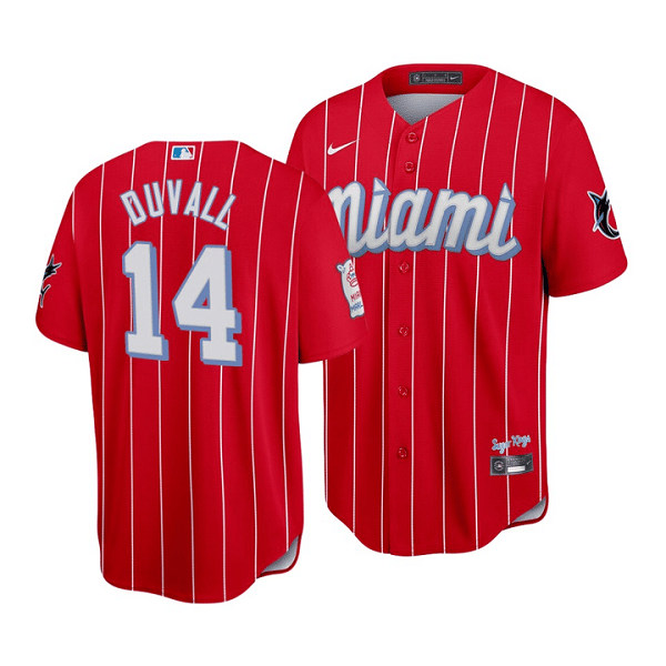 Men's Miami Marlins #14 Adam Duvall 2021 Red City Connect Cool Base Stitched Jersey